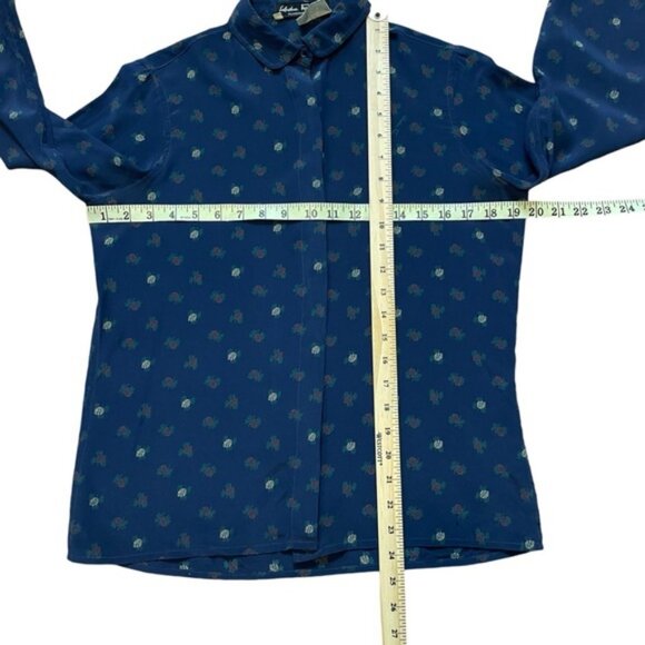 Salvatore Ferragamo vintage blue 100% silk button up long sleeve polo size M - Picture 7 of 8